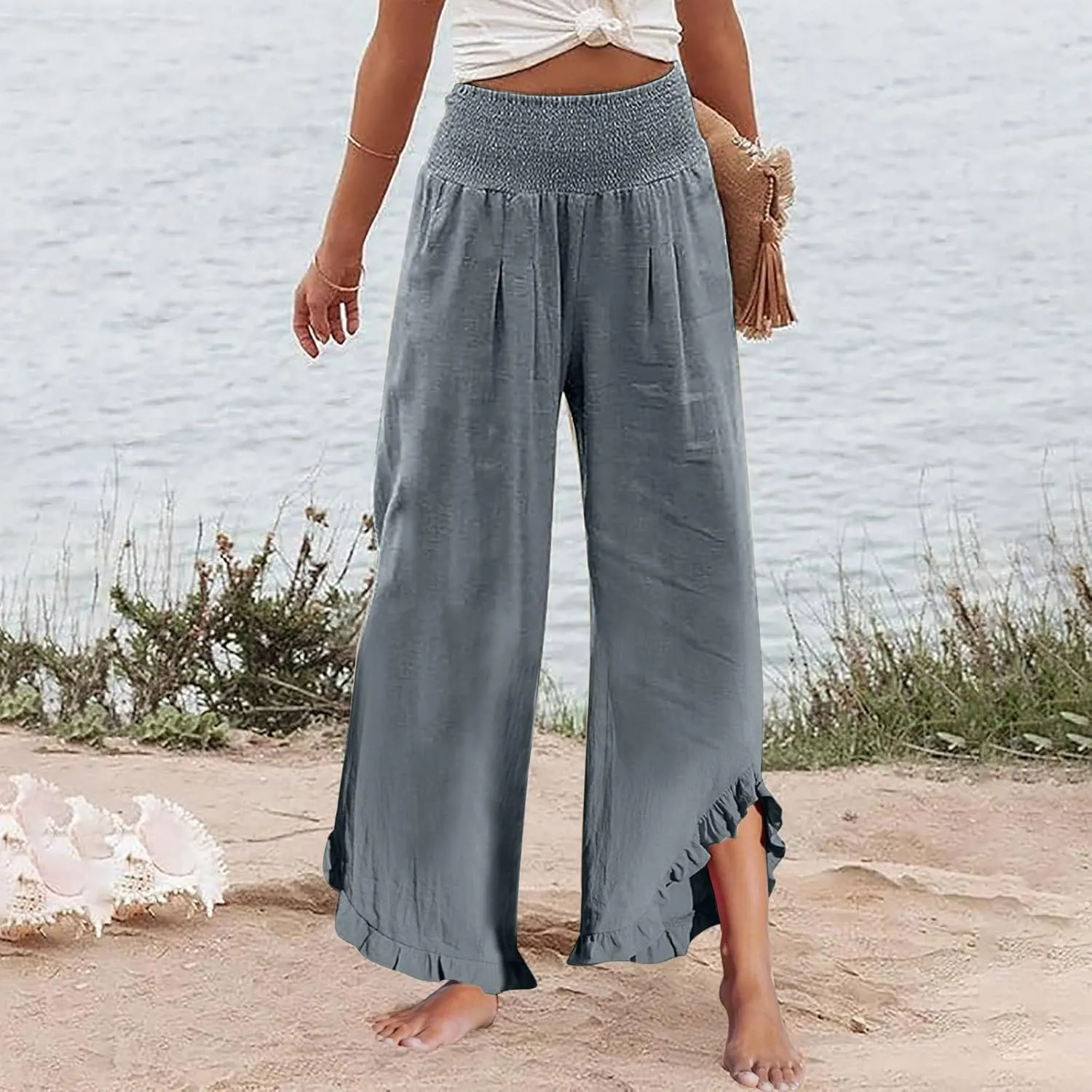 Pants for Women, Cotton Linen Straight Leg Wide Pants High Waisted Summer