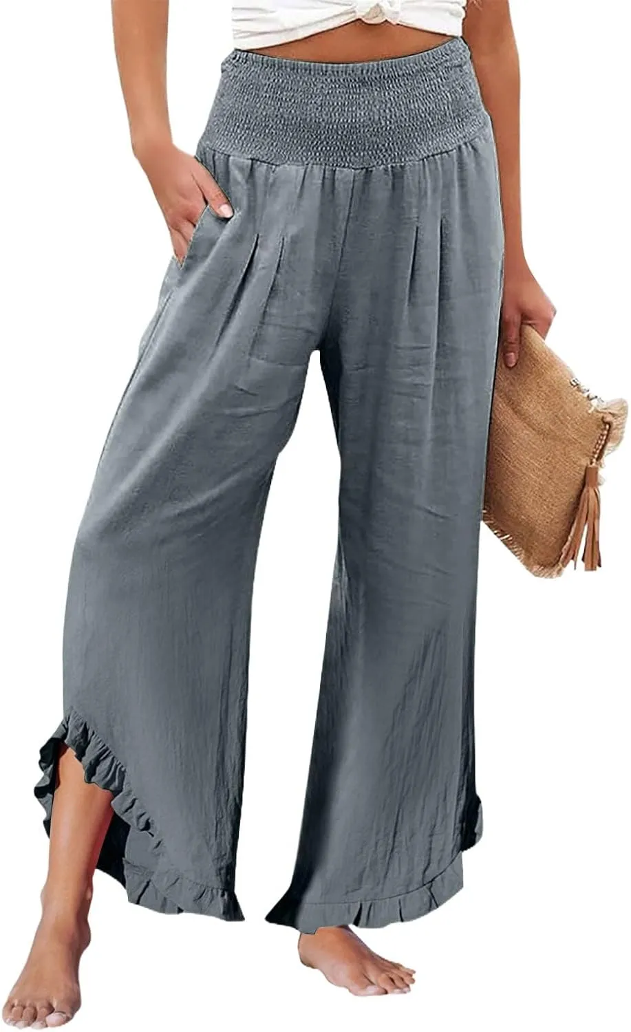 Pants for Women, Cotton Linen Straight Leg Wide Pants High Waisted Summer