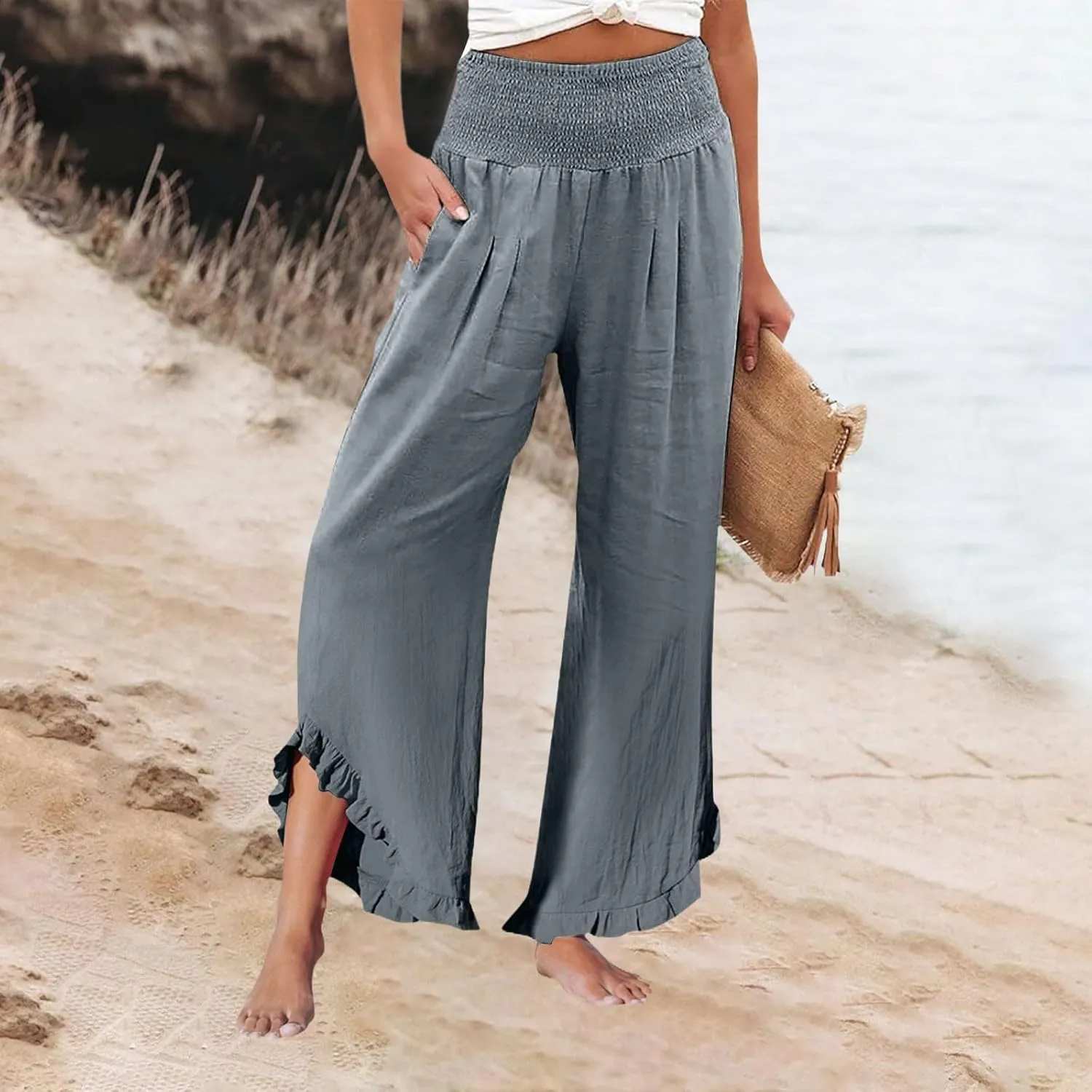 Pants for Women, Cotton Linen Straight Leg Wide Pants High Waisted Summer