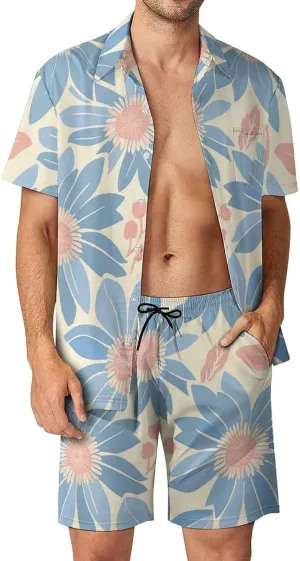 Pattern Flower Mens Swimsuit 2 Pieces Set Quick Dry Shorts Shirts Summer Button Down Short Sleeve Set