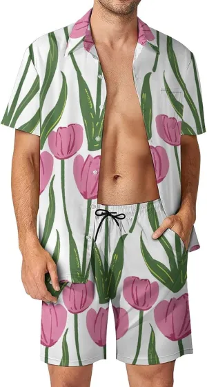 Peach FlowerPattern Mens Swimsuit 2 Pieces Set Quick Dry Shorts Shirts Summer Button Down Short Sleeve Set