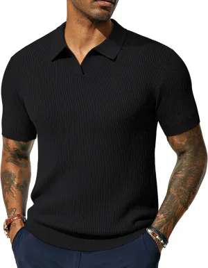 PJ PAUL JONES Mens Polo Shirts Short Sleeve Casual V Neck Ribbed Textured Knit Polo Shirt