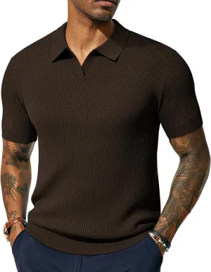 PJ PAUL JONES Mens Polo Shirts Short Sleeve Casual V Neck Ribbed Textured Knit Polo Shirt