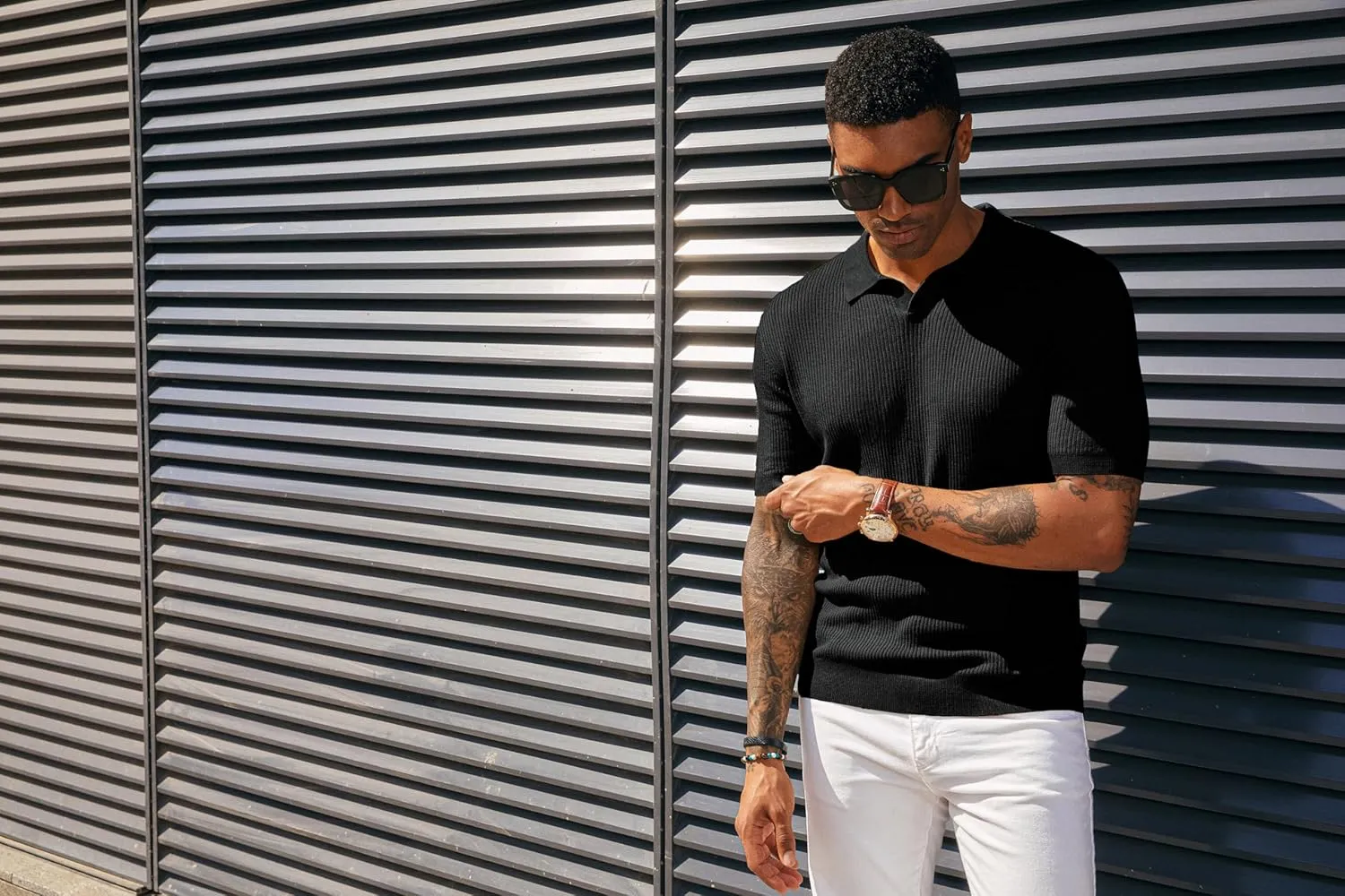 PJ PAUL JONES Mens Polo Shirts Short Sleeve Casual V Neck Ribbed Textured Knit Polo Shirt