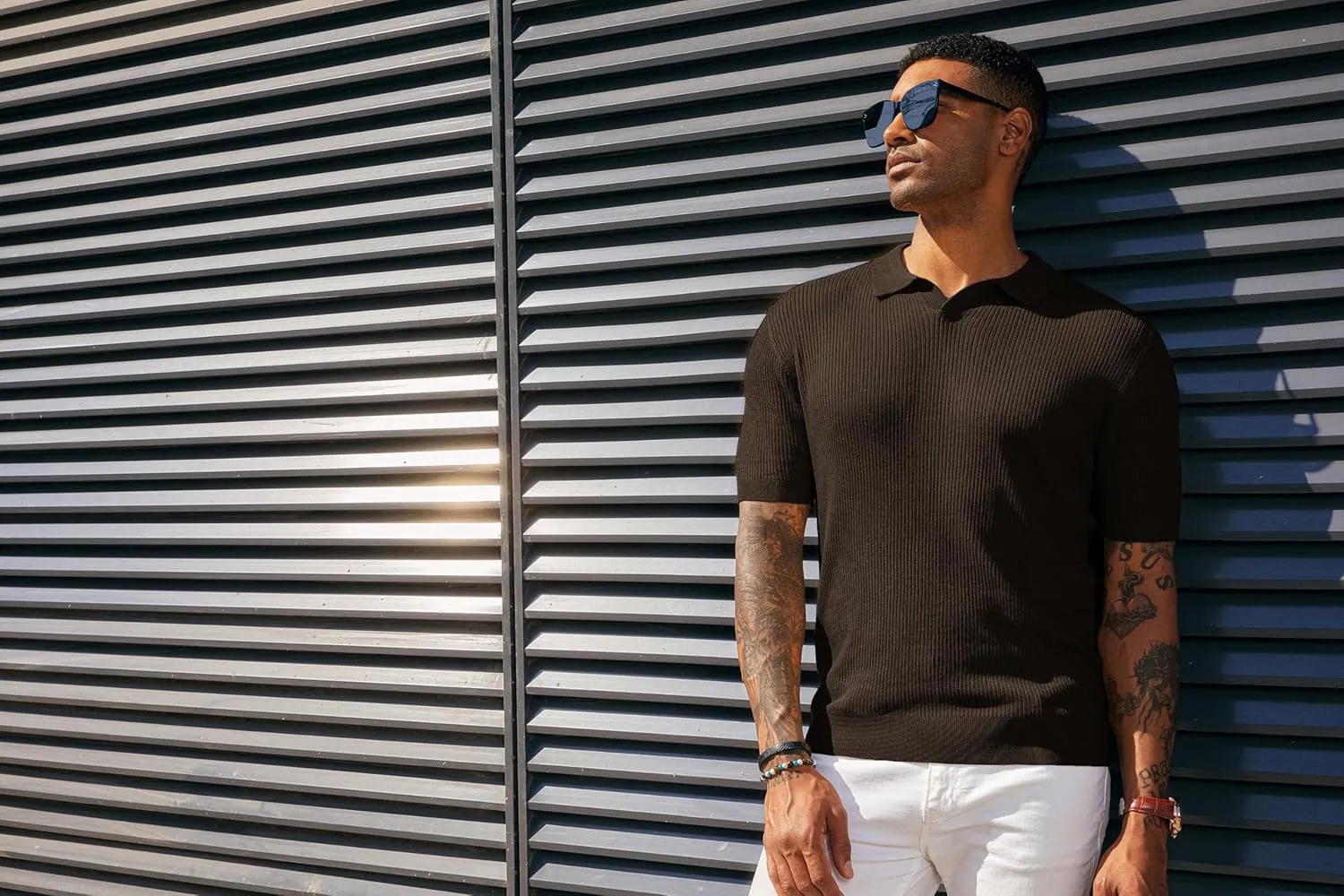 PJ PAUL JONES Mens Polo Shirts Short Sleeve Casual V Neck Ribbed Textured Knit Polo Shirt
