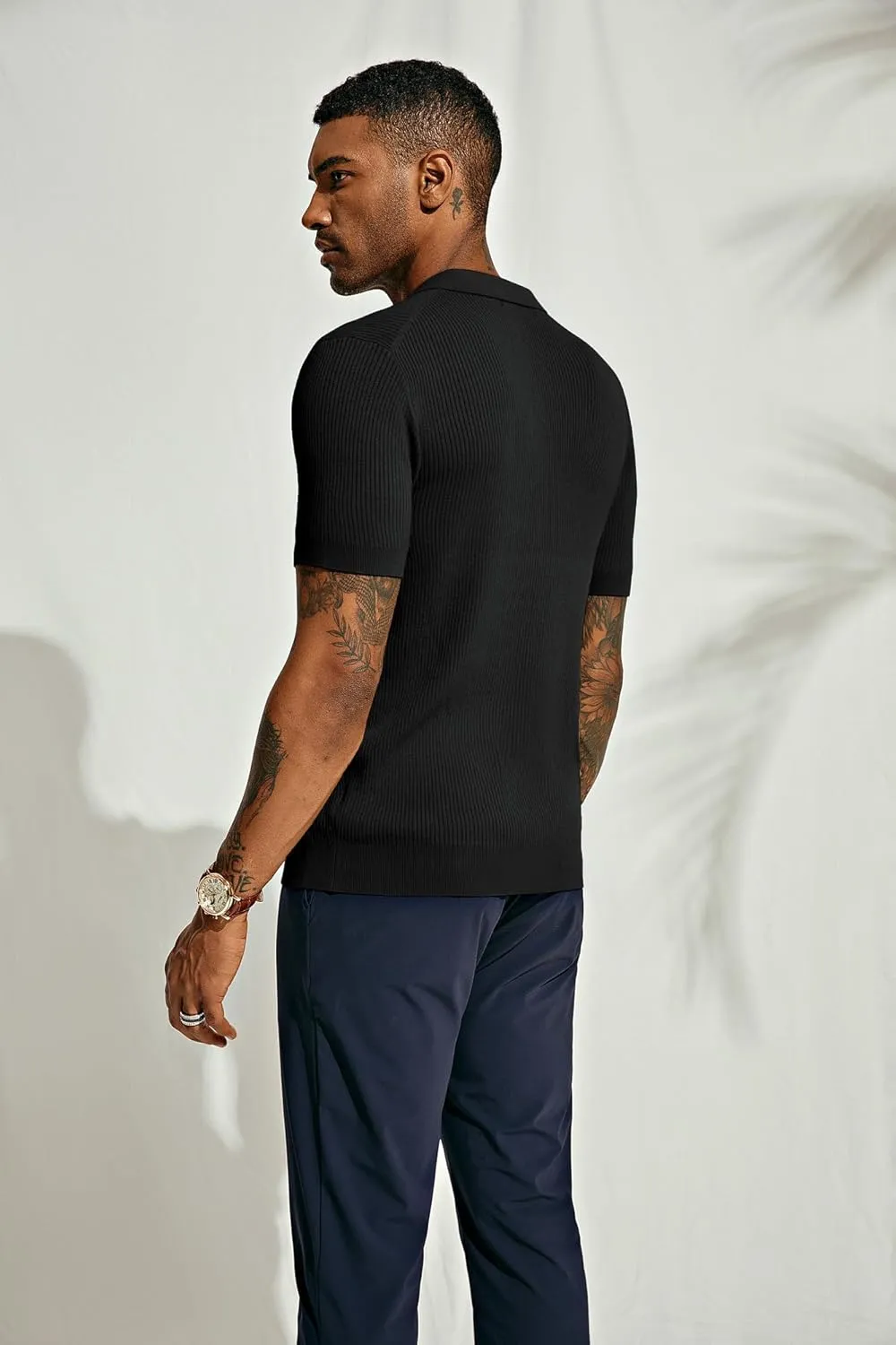 PJ PAUL JONES Mens Polo Shirts Short Sleeve Casual V Neck Ribbed Textured Knit Polo Shirt