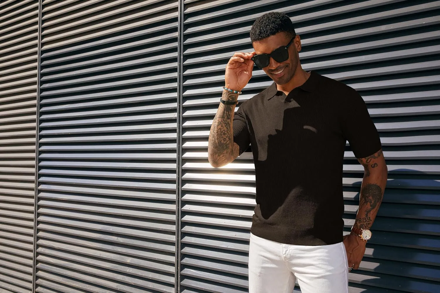 PJ PAUL JONES Mens Polo Shirts Short Sleeve Casual V Neck Ribbed Textured Knit Polo Shirt