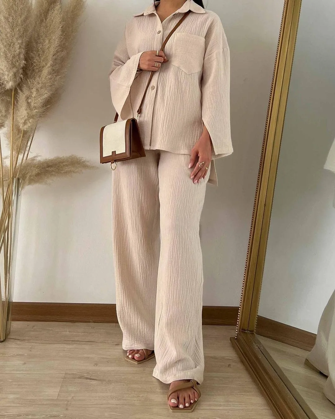 Pleated Linen Set for Women Summer 2 Piece Outfits Cut Sleeve Button Down Shirts and Wide Pants Set Casual Loungewear Sets