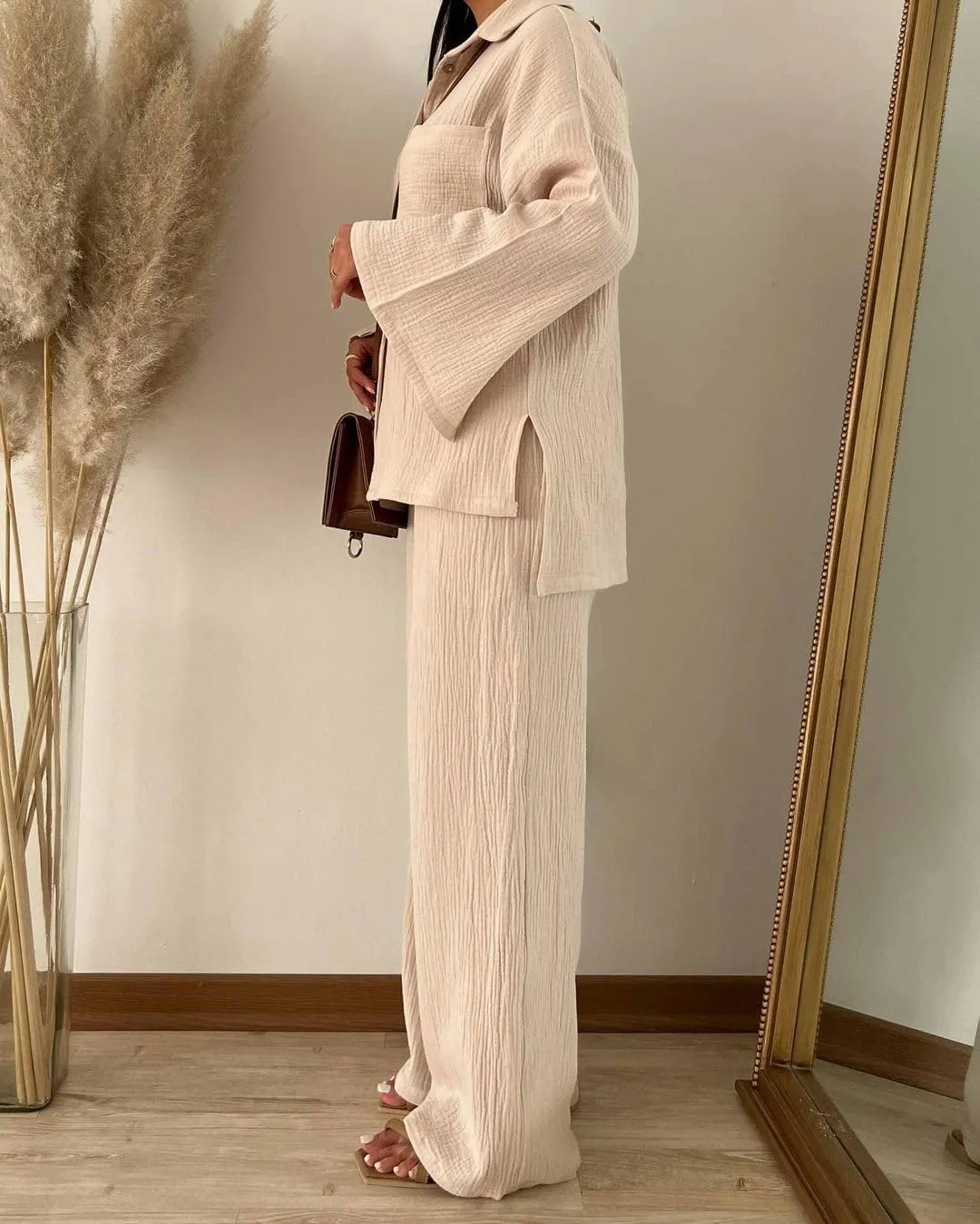 Pleated Linen Set for Women Summer 2 Piece Outfits Cut Sleeve Button Down Shirts and Wide Pants Set Casual Loungewear Sets