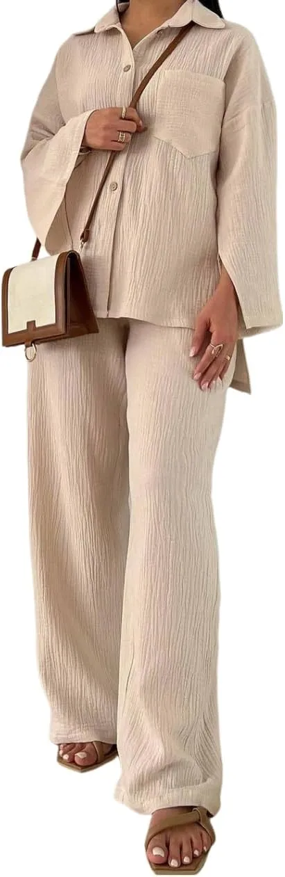 Pleated Linen Set for Women Summer 2 Piece Outfits Cut Sleeve Button Down Shirts and Wide Pants Set Casual Loungewear Sets