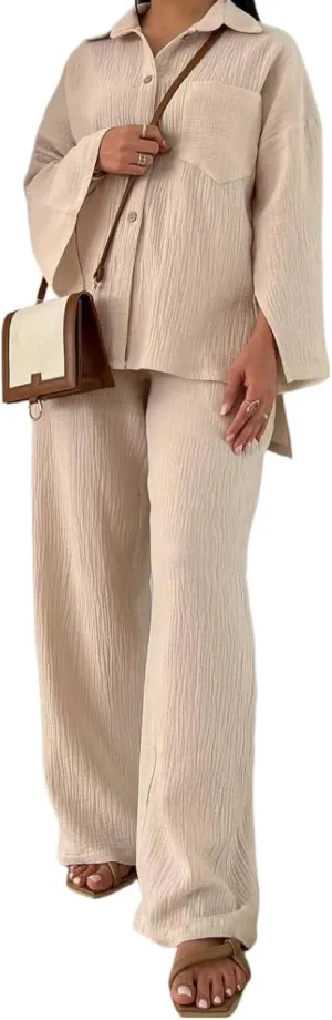 Pleated Linen Set for Women Summer 2 Piece Outfits Cut Sleeve Button Down Shirts and Wide Pants Set Casual Loungewear Sets