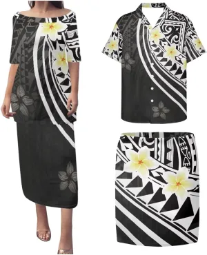 Plus Size Couple Outfit Sets Polynesian Tapa Puletasi Samoan Women Dress and Men Shirts Lavalava Couple Sets