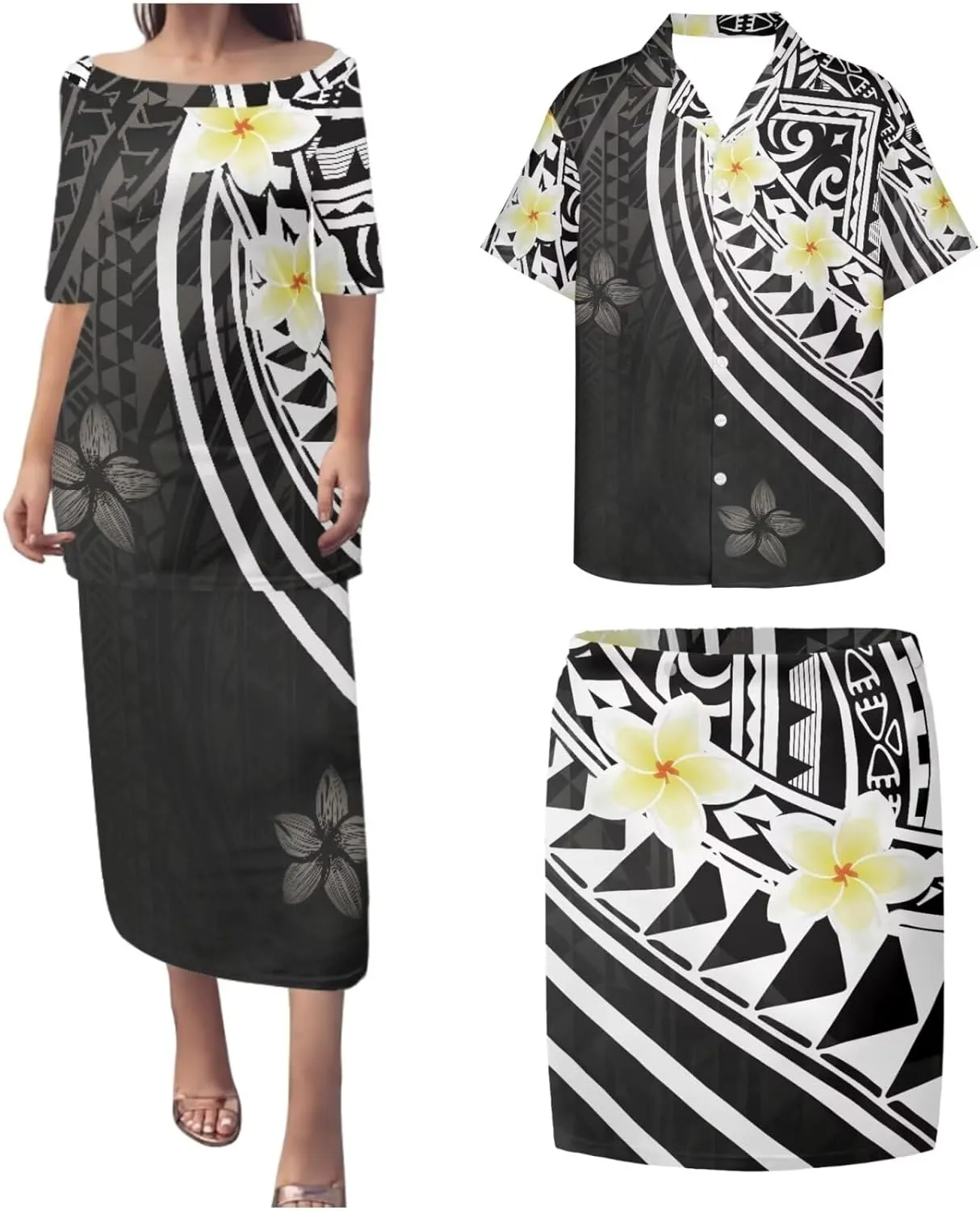 Plus Size Couple Outfit Sets Polynesian Tapa Puletasi Samoan Women Dress and Men Shirts Lavalava Couple Sets