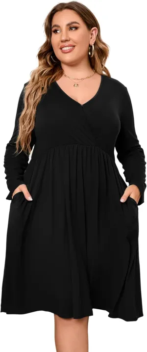 Plus Size Dress Women's V Neck Wrap A-Line Dress Plus Size Knee Length Midi Swing Dress for Curvy Women