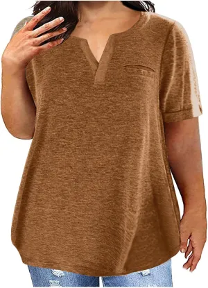 Plus Size Tops for Women Short Sleeve Cotton Summer Shirts Loose Fit V Neck T Shirt Solid Color Top with Front Pocket