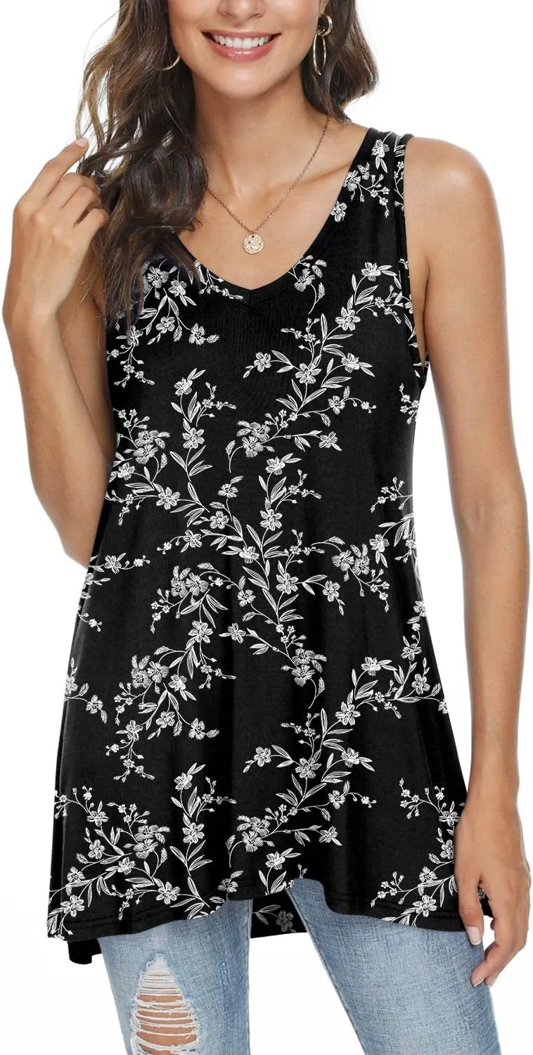 POPYOUNG Women's Long Tunic Tank to Wear with Leggings Summer V-Neck Sleeveless Tops Loose Shirts