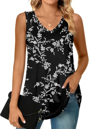 POPYOUNG Women's Long Tunic Tank to Wear with Leggings Summer V-Neck Sleeveless Tops Loose Shirts
