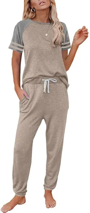 PRETTYGARDEN Women Summer Two Piece Outfits Striped Short Sleeve Pullover and Long Pants Tracksuit Travel Pajama Lounge Set