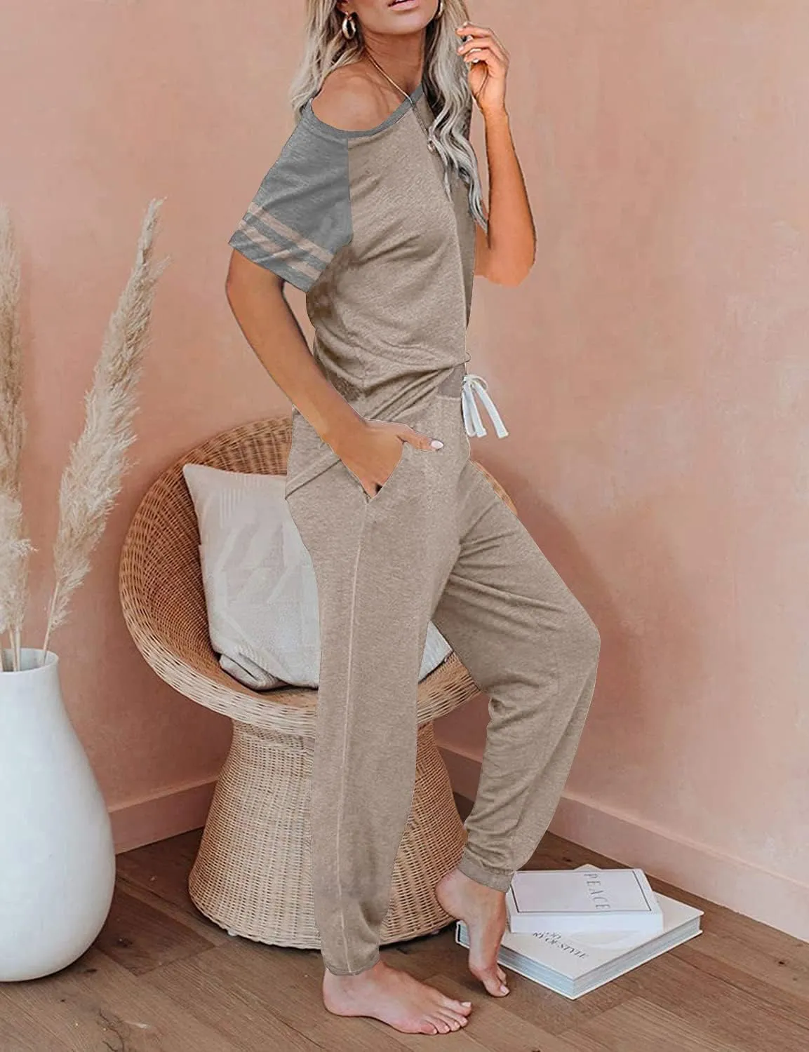PRETTYGARDEN Women Summer Two Piece Outfits Striped Short Sleeve Pullover and Long Pants Tracksuit Travel Pajama Lounge Set