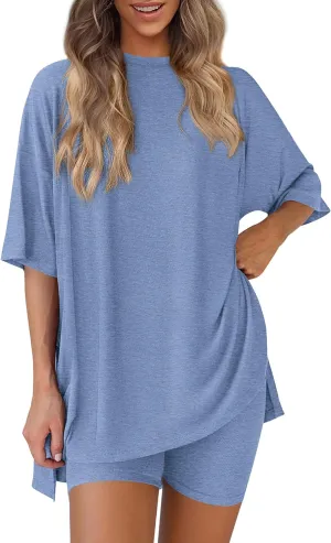 PRETTYGARDEN Women's Two Piece Lounge Set 2025 Summer Casual Oversized Shirts Biker Shorts Matching Airport Travel Outfit