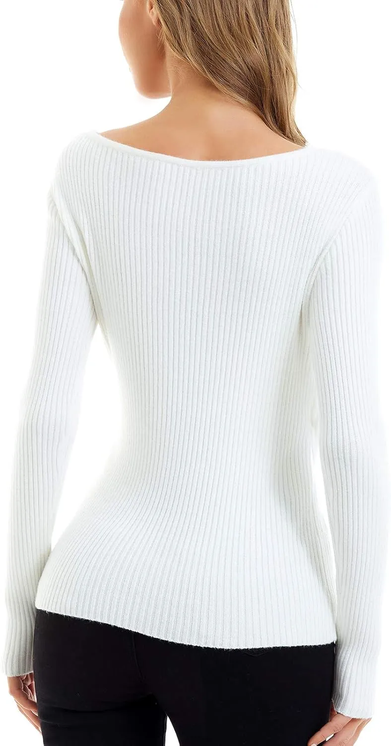 QUALFORT Women's Sexy V-Neck Sweater Knit Wrap Tops for Women Slim Fit Pullover Top