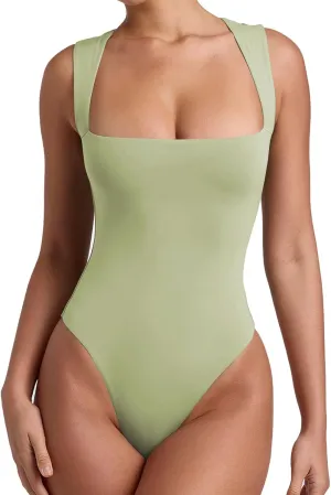 REORIA Butsmooth Womens Sexy Sleeveless Square Neck Double Lined Basic Bodysuit Tank Tops