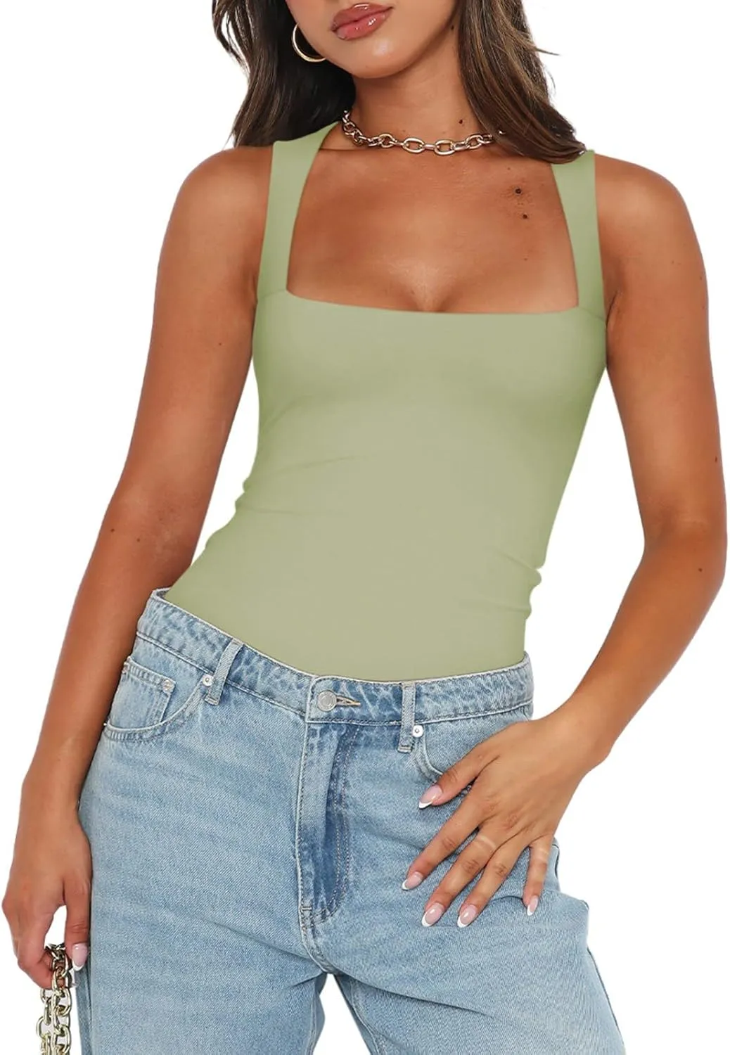 REORIA Butsmooth Womens Sexy Sleeveless Square Neck Double Lined Basic Bodysuit Tank Tops