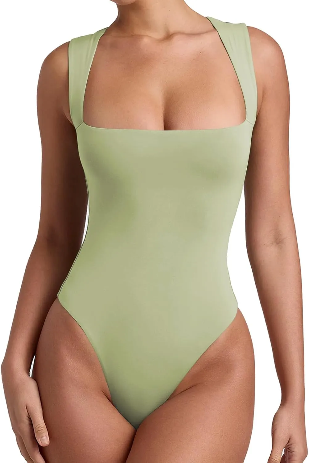 REORIA Butsmooth Womens Sexy Sleeveless Square Neck Double Lined Basic Bodysuit Tank Tops