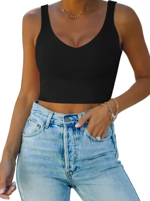 REORIA Women's Summer Casual V Neck Sleeveless Double Lined Basic Crop Tank Tops