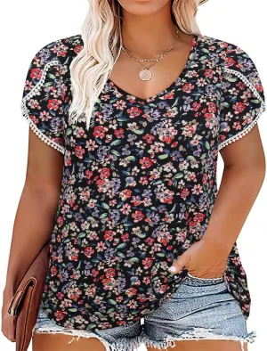 RITERA Plus Size Tops for Women Floral/Solid Color Short Sleeve V Neck with Ring Hole Summer Tshirt XL-5XL