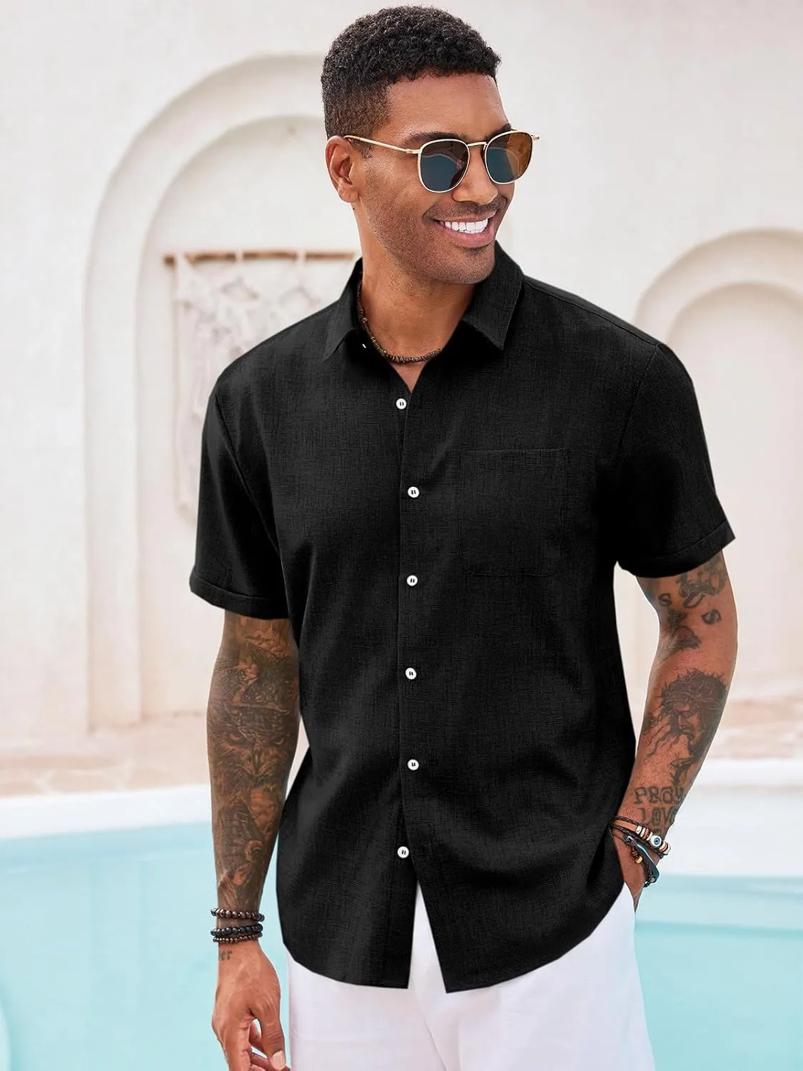 Runcati Mens Button Down Linen Shirt Short Sleeve Casual Summer Beach Wedding Tops