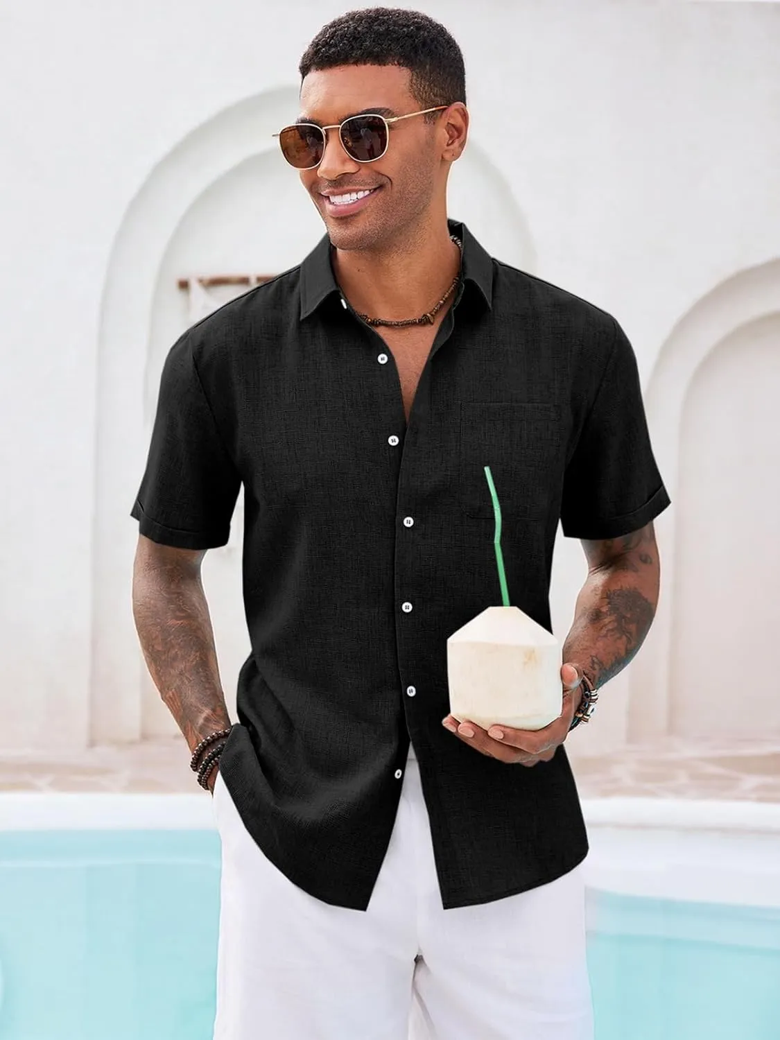 Runcati Mens Button Down Linen Shirt Short Sleeve Casual Summer Beach Wedding Tops