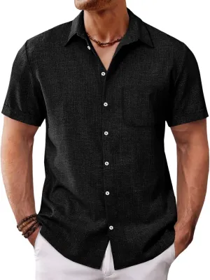 Runcati Mens Button Down Linen Shirt Short Sleeve Casual Summer Beach Wedding Tops