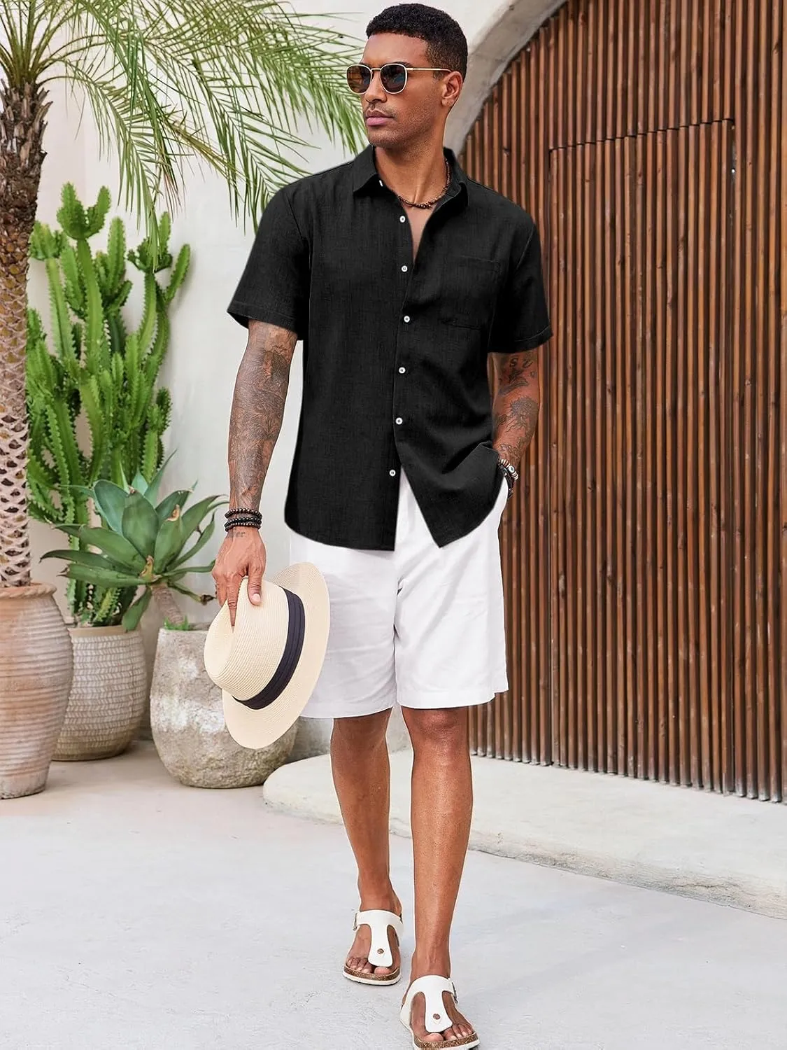 Runcati Mens Button Down Linen Shirt Short Sleeve Casual Summer Beach Wedding Tops