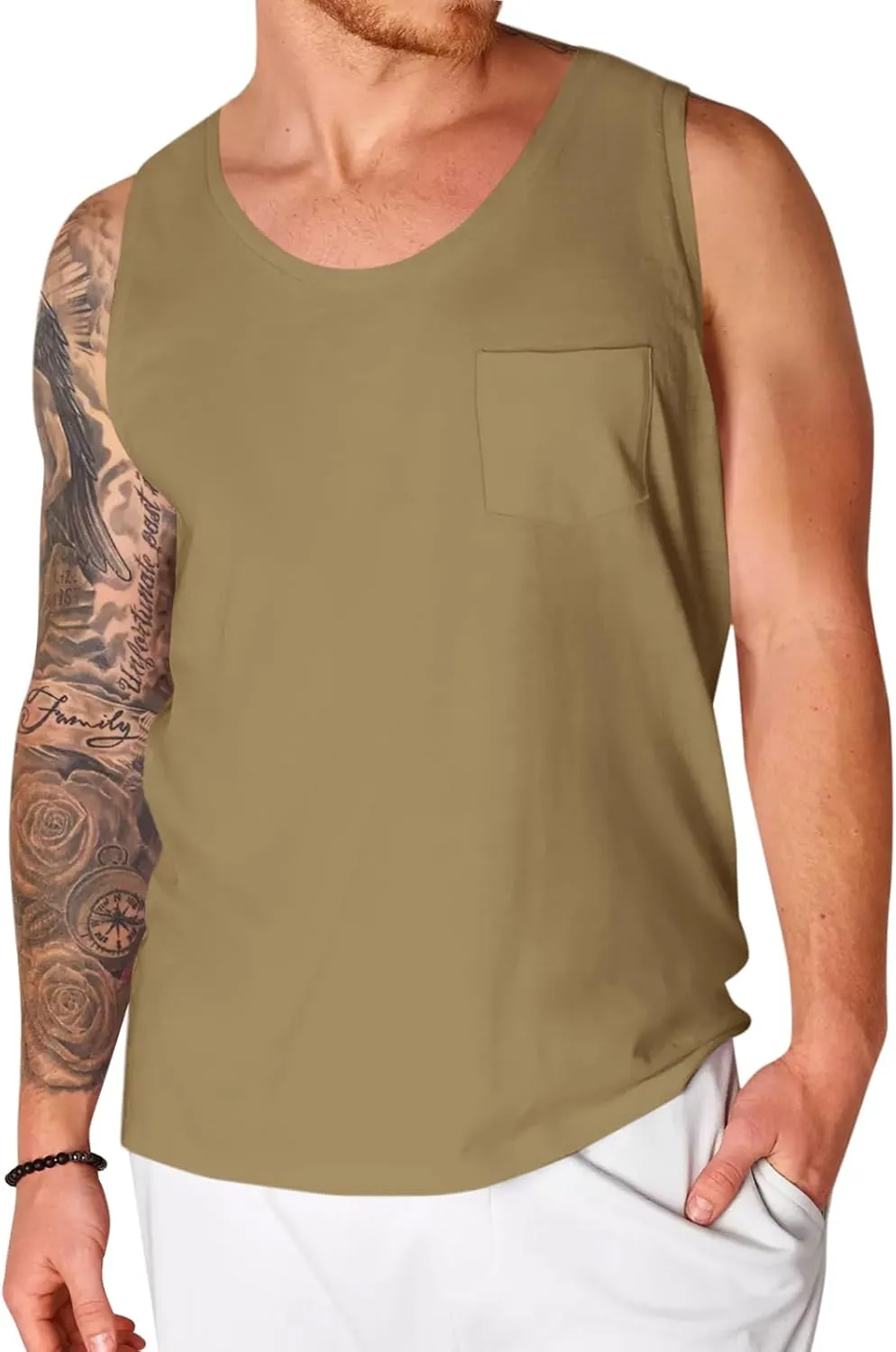 Runcati Men's Sleeveless Tank Tops Crewneck Workout Gym Cotton Muscle Pocket T Shirt