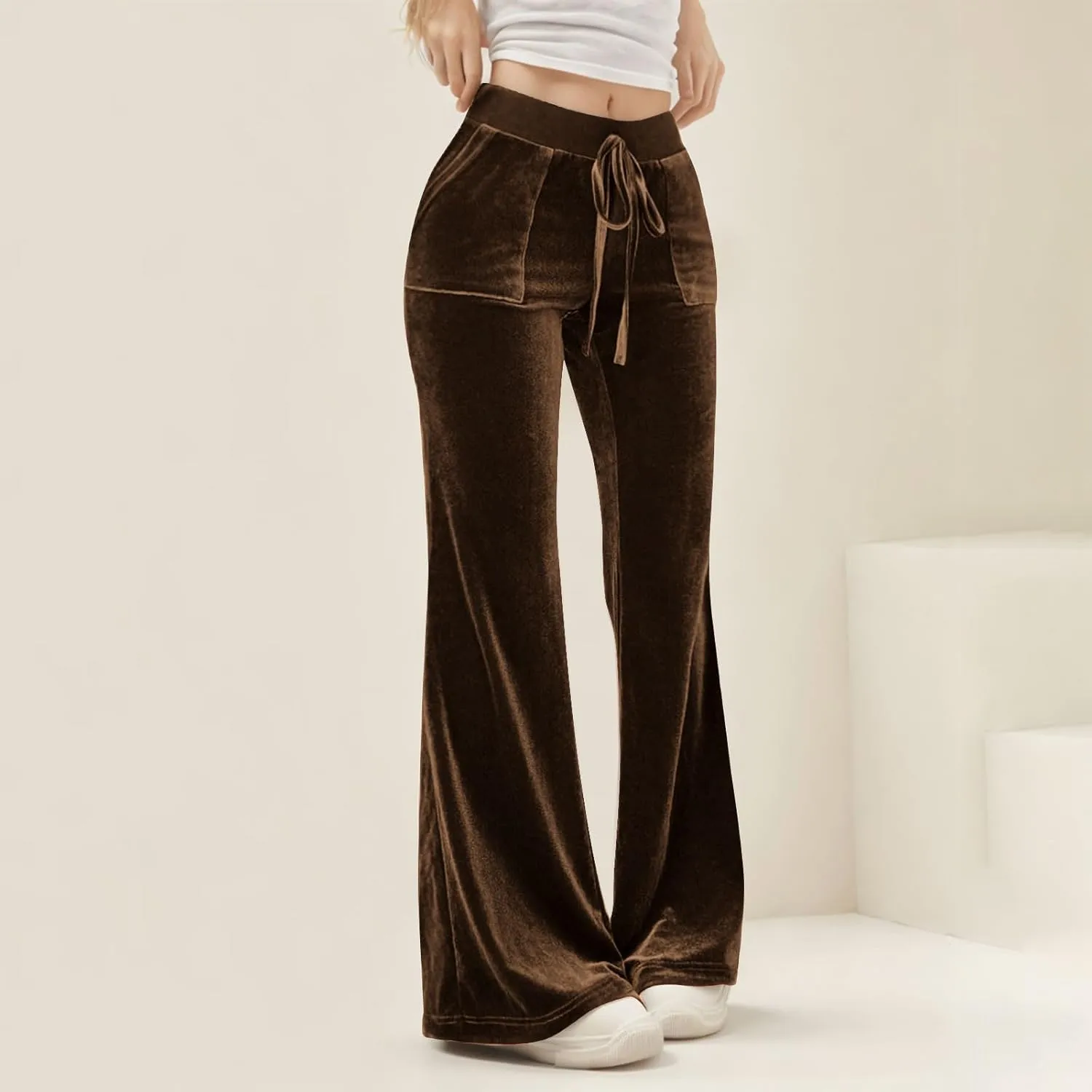 Ruziyoog Velvet Pants for Women Drawstring High Waist Wide Leg Casual Lounge Pant Loose Flowy Trousers with Pockets
