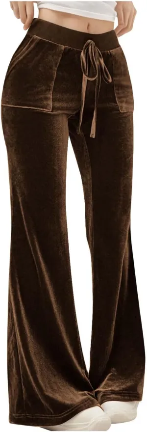 Ruziyoog Velvet Pants for Women Drawstring High Waist Wide Leg Casual Lounge Pant Loose Flowy Trousers with Pockets