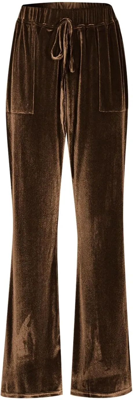 Ruziyoog Velvet Pants for Women Drawstring High Waist Wide Leg Casual Lounge Pant Loose Flowy Trousers with Pockets