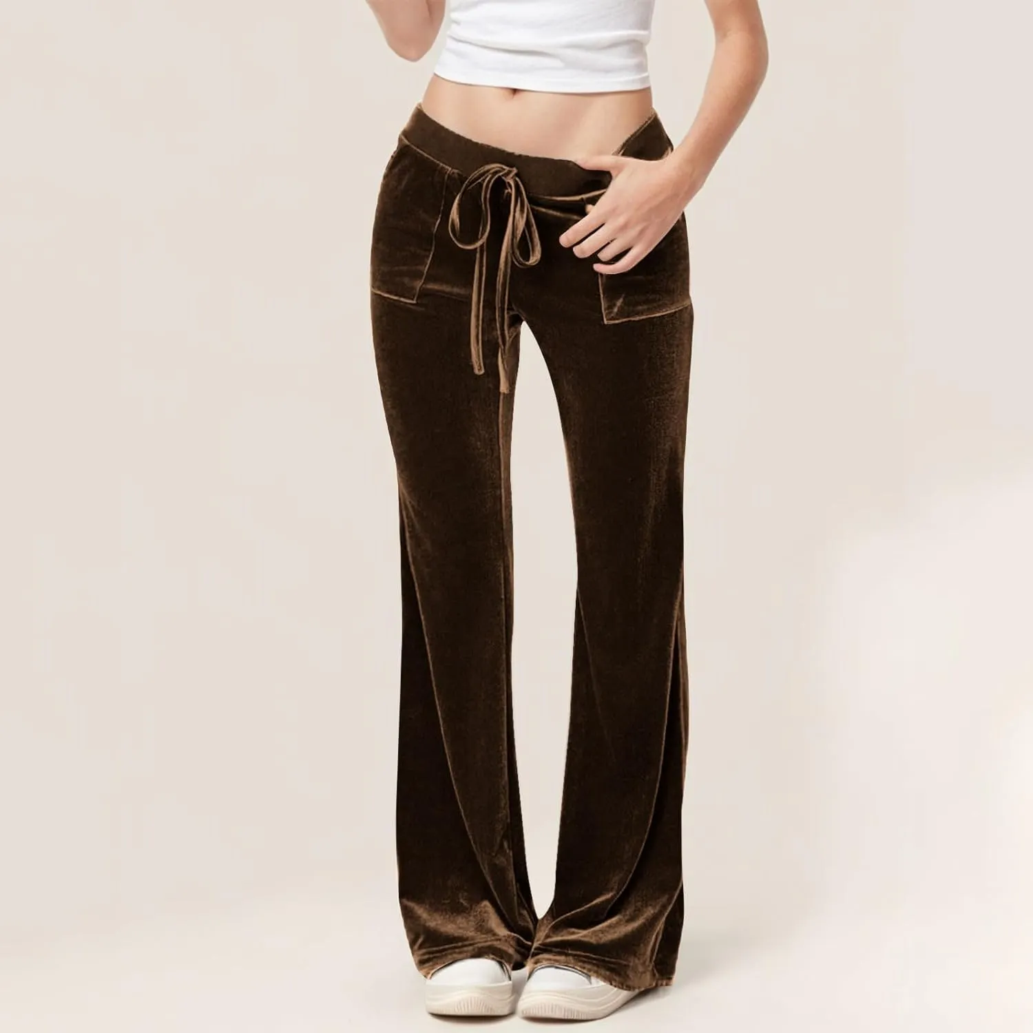 Ruziyoog Velvet Pants for Women Drawstring High Waist Wide Leg Casual Lounge Pant Loose Flowy Trousers with Pockets