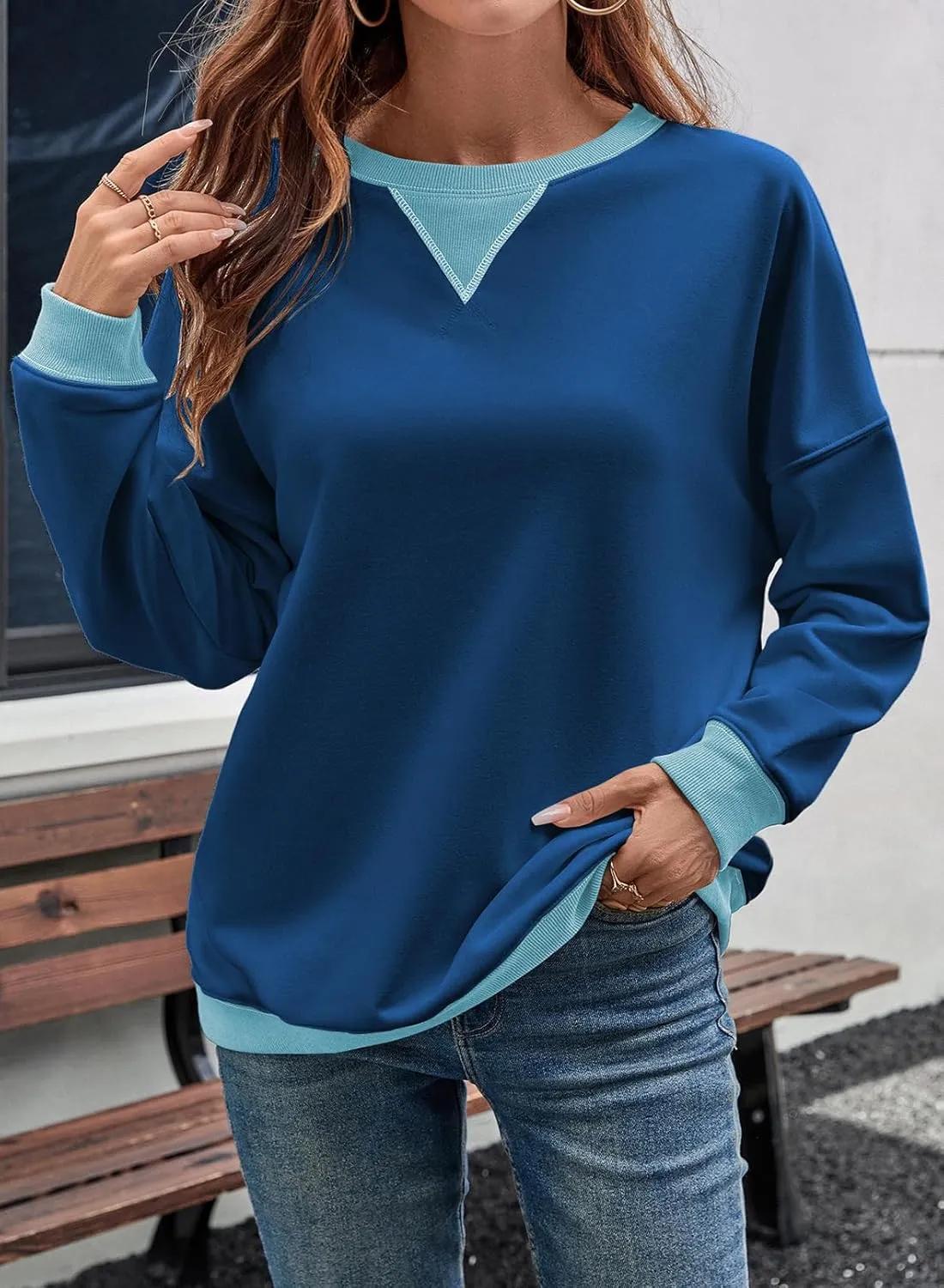 Samefar Women's Sweatshirts Oversized Color Block Crew Neck Long Sleeve Tops Casual Lightweight Pullover Shirts Y2K Clothes
