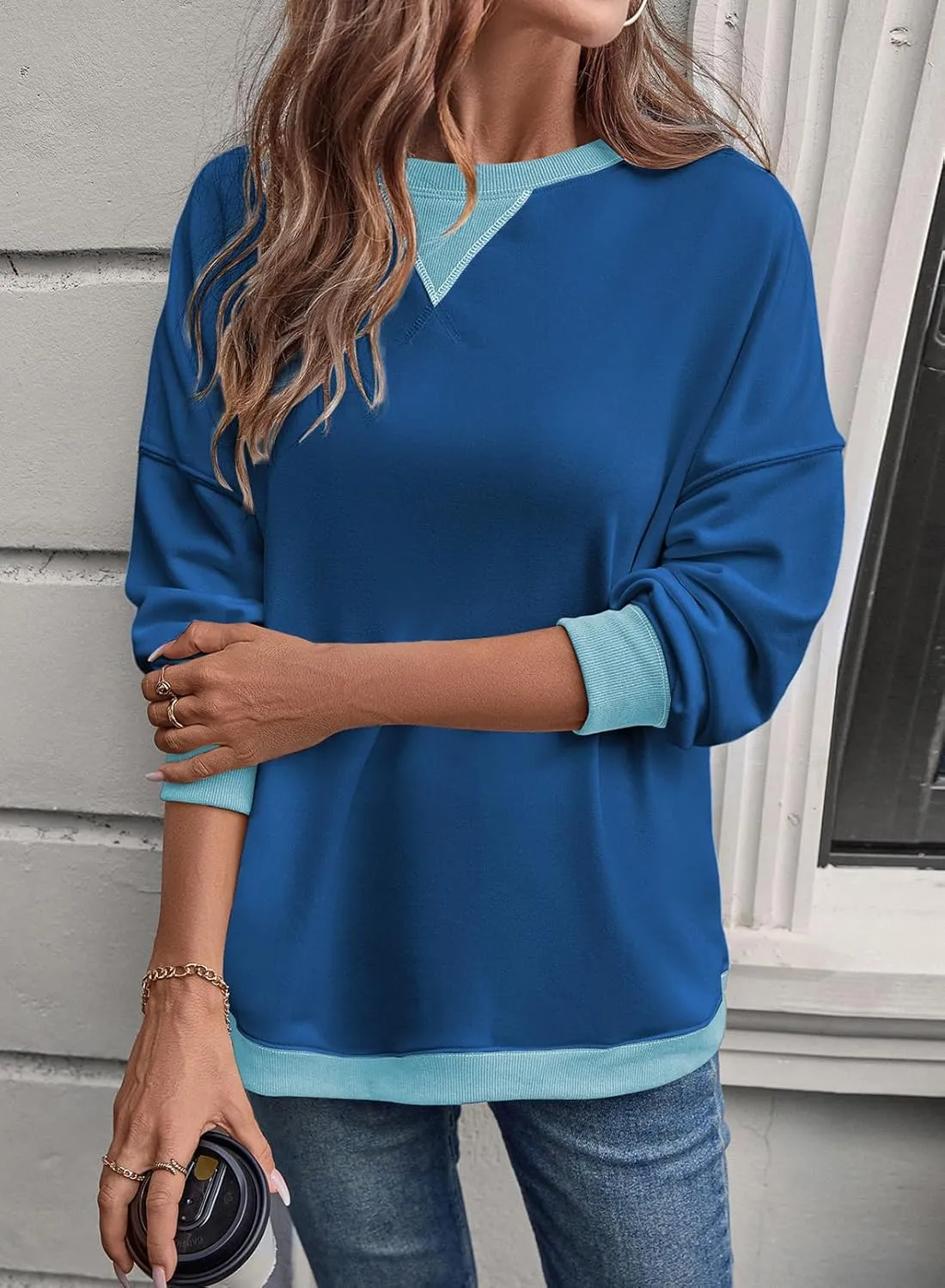 Samefar Women's Sweatshirts Oversized Color Block Crew Neck Long Sleeve Tops Casual Lightweight Pullover Shirts Y2K Clothes