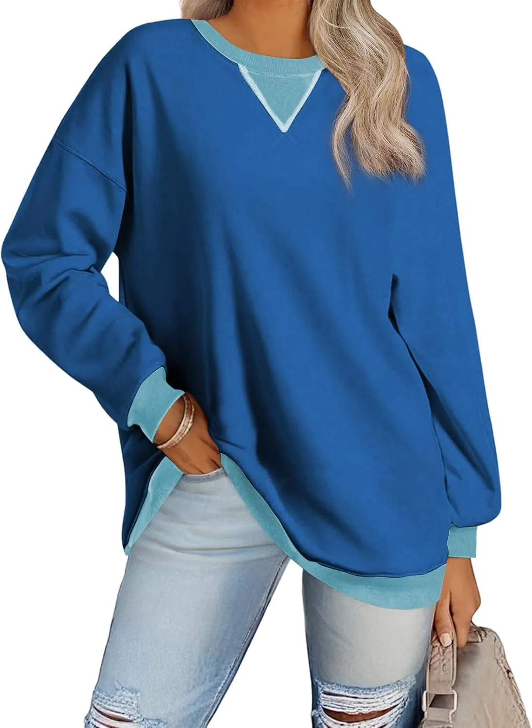 Samefar Women's Sweatshirts Oversized Color Block Crew Neck Long Sleeve Tops Casual Lightweight Pullover Shirts Y2K Clothes