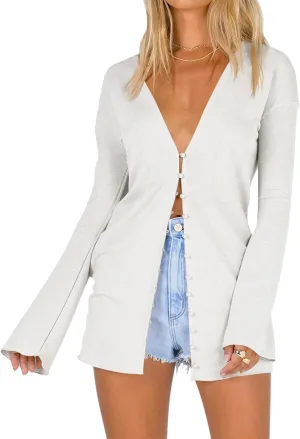 Saodimallsu Women Deep V Neck Cardigan Lightweight Button Down Long Sleeve Loose Open Front Knit Summer Shirts