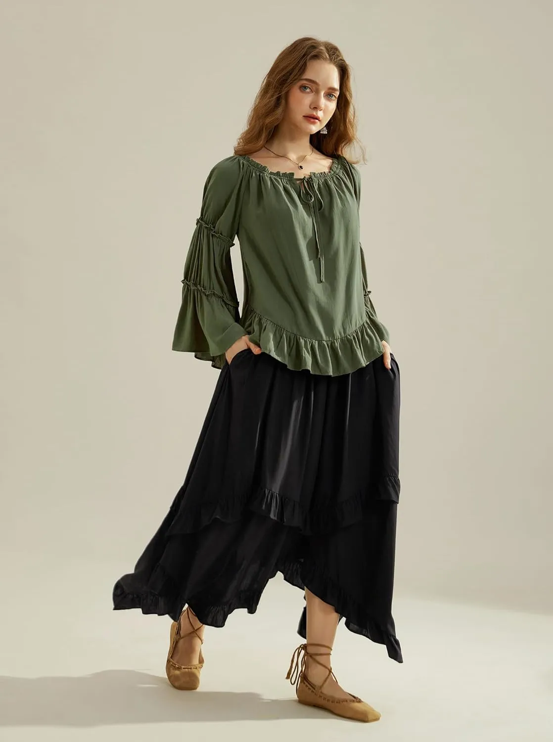 Scarlet Darkness Women Bell Sleeve Tops Ruffle Off Shoulder Casual Loose Renaissance Peasant Blouse