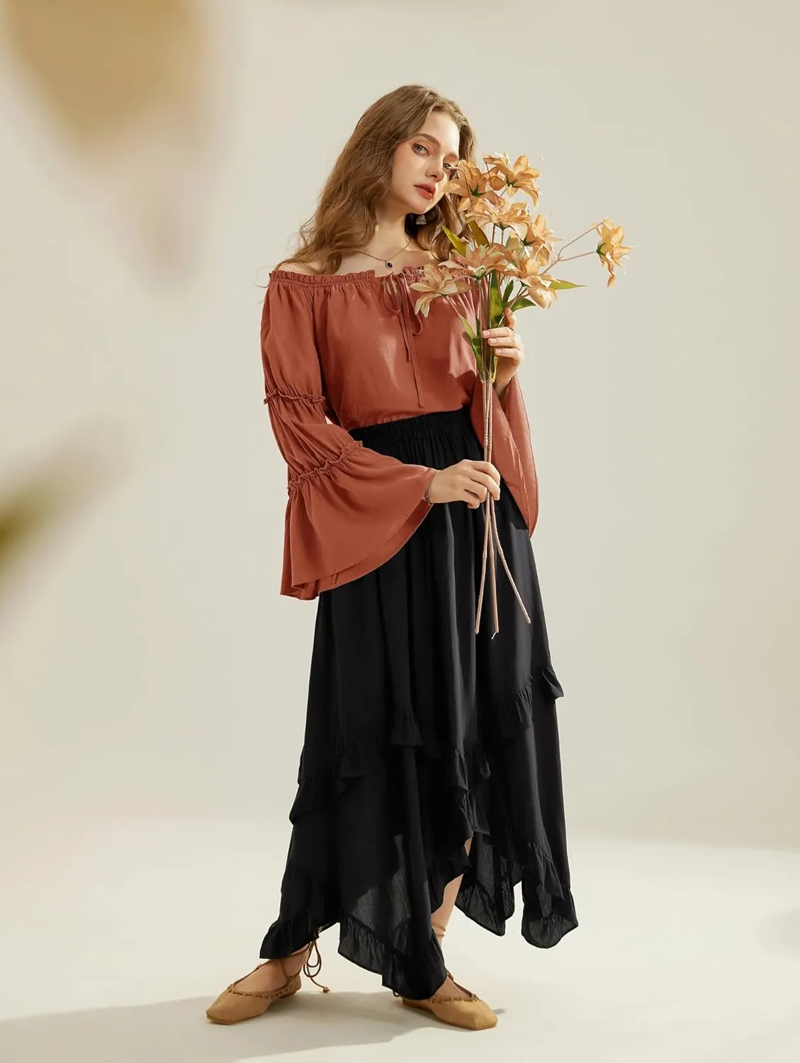 Scarlet Darkness Women Bell Sleeve Tops Ruffle Off Shoulder Casual Loose Renaissance Peasant Blouse
