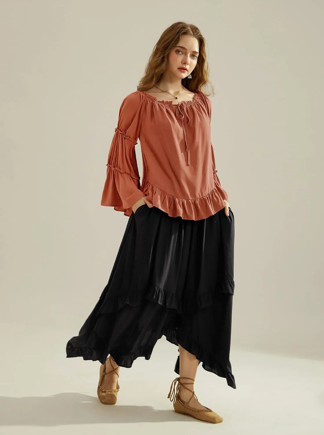 Scarlet Darkness Women Bell Sleeve Tops Ruffle Off Shoulder Casual Loose Renaissance Peasant Blouse