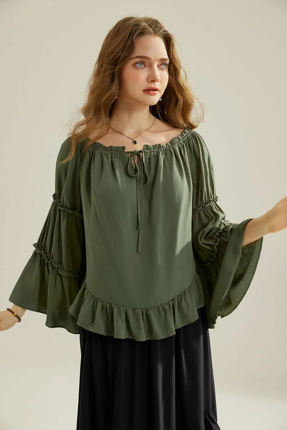 Scarlet Darkness Women Bell Sleeve Tops Ruffle Off Shoulder Casual Loose Renaissance Peasant Blouse