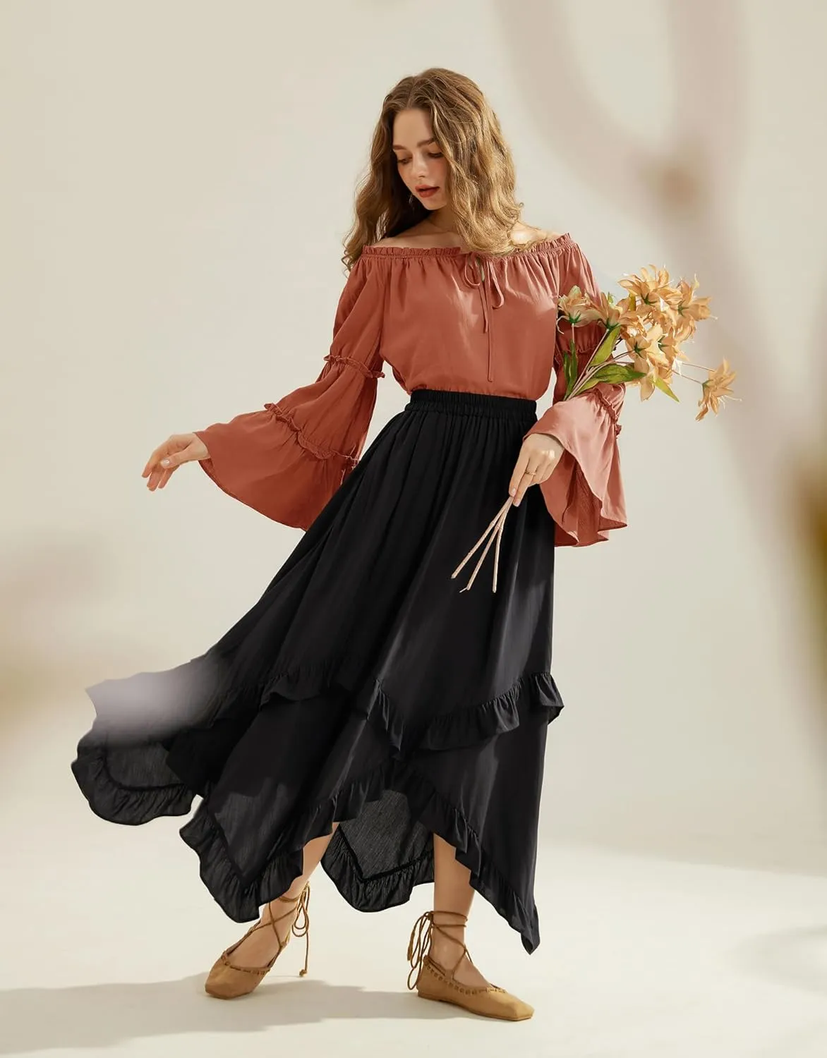 Scarlet Darkness Women Bell Sleeve Tops Ruffle Off Shoulder Casual Loose Renaissance Peasant Blouse