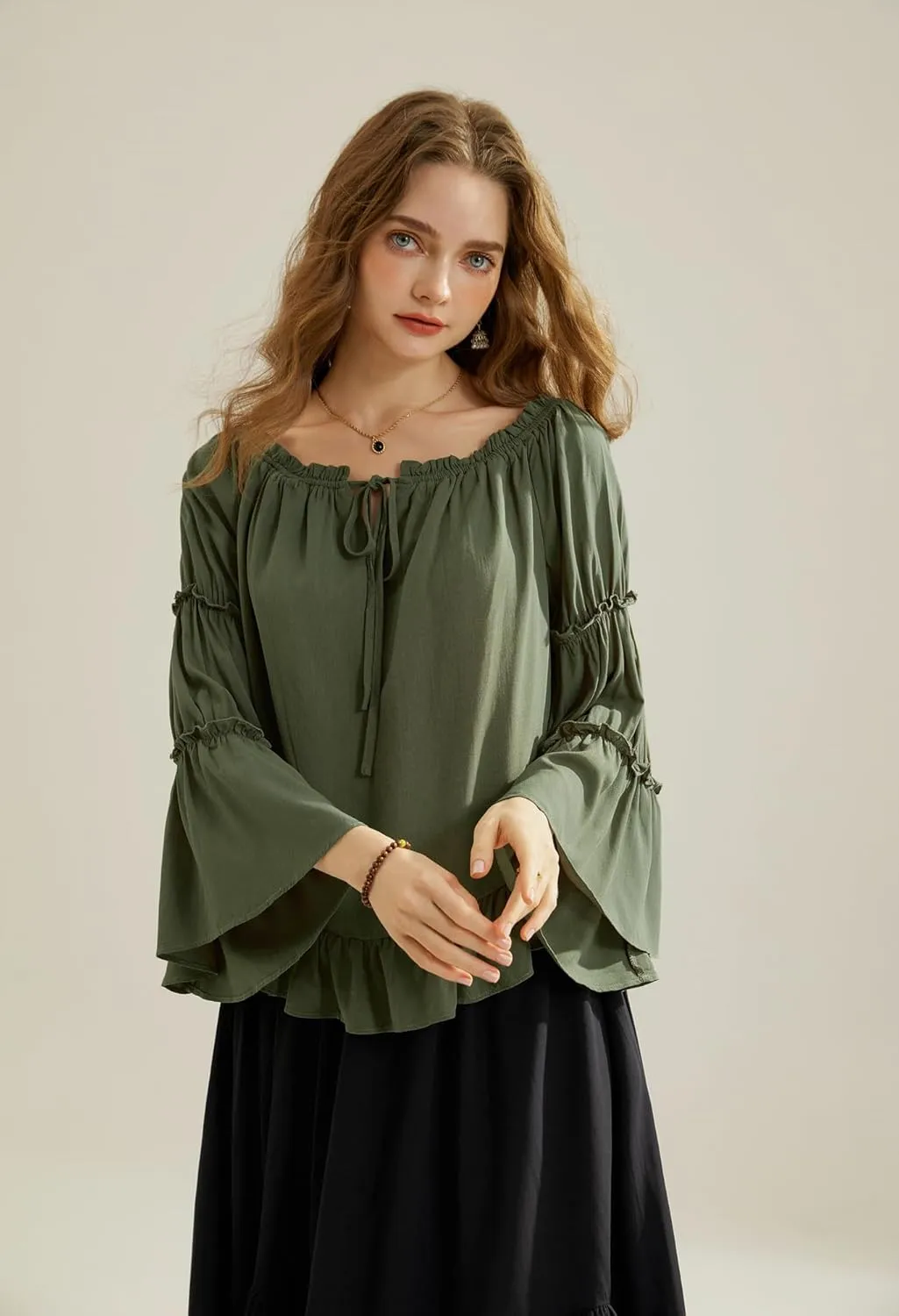 Scarlet Darkness Women Bell Sleeve Tops Ruffle Off Shoulder Casual Loose Renaissance Peasant Blouse