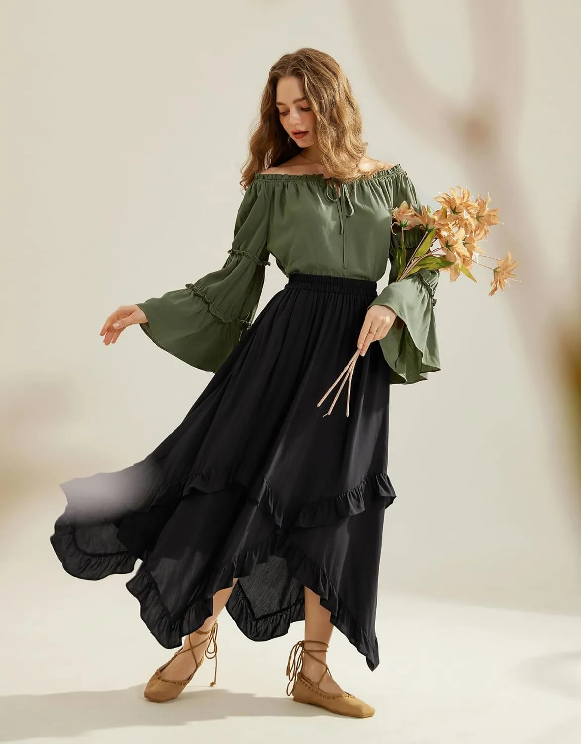 Scarlet Darkness Women Bell Sleeve Tops Ruffle Off Shoulder Casual Loose Renaissance Peasant Blouse